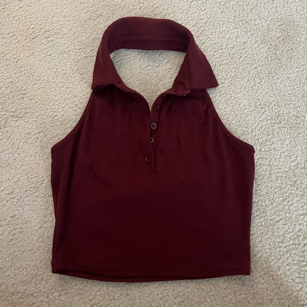 Women’s cropped button up halter top; maroon color